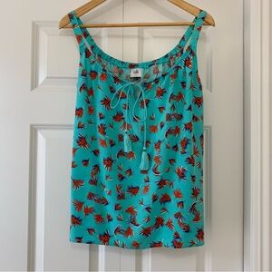CAbi Turquoise  Women's Leaf Print Tassal Tie Tank Top Size US S
